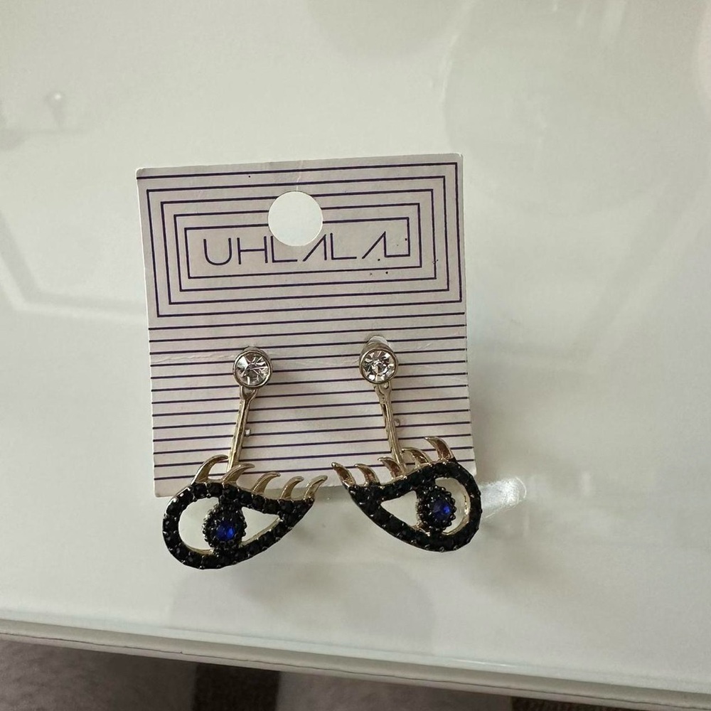 Blue and black gold eye earrings